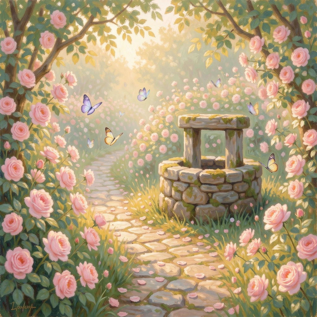 A path through a wild rose garden leading to an old stone well, butterflies drifting among the blossoms, filled with warmth and nostalgia.