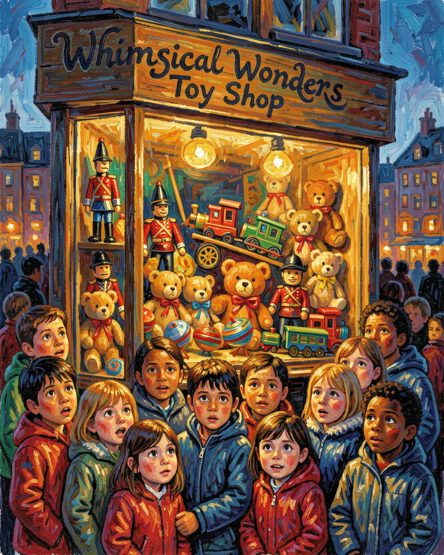 A busy toy shop window display drawing a crowd of wide-eyed children at dusk.