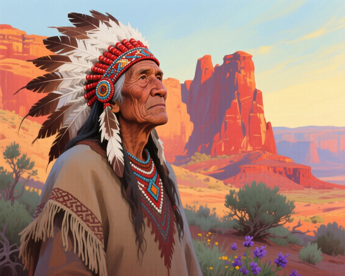A proud Native American elder in traditional feathered headdress stands against a backdrop of red rock canyons, eyes reflecting deep wisdom and pride, soft ambient light gently shaping the contours of their face and surroundings.