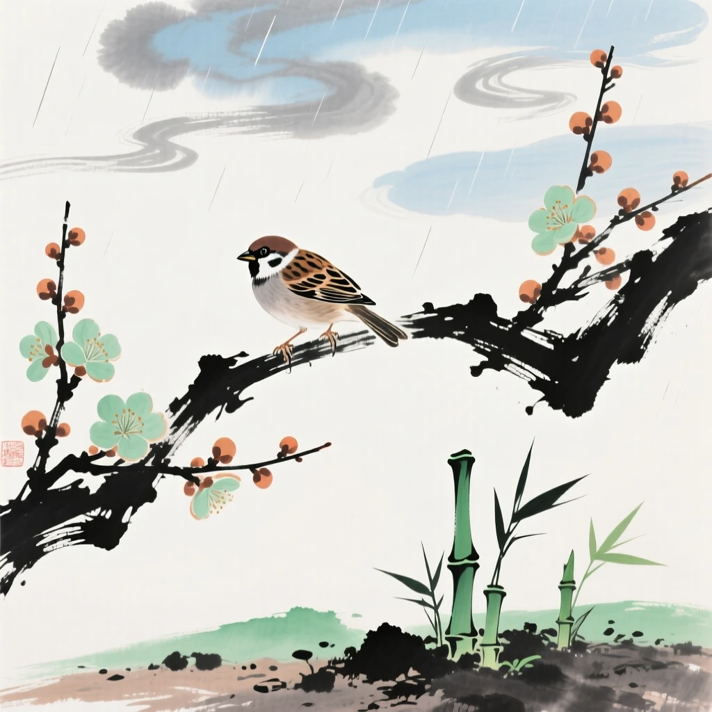 A small sparrow perched on a blossoming plum branch, under drifting clouds, as new bamboo shoots break through the soil, beneath a sky washed clean by rain.