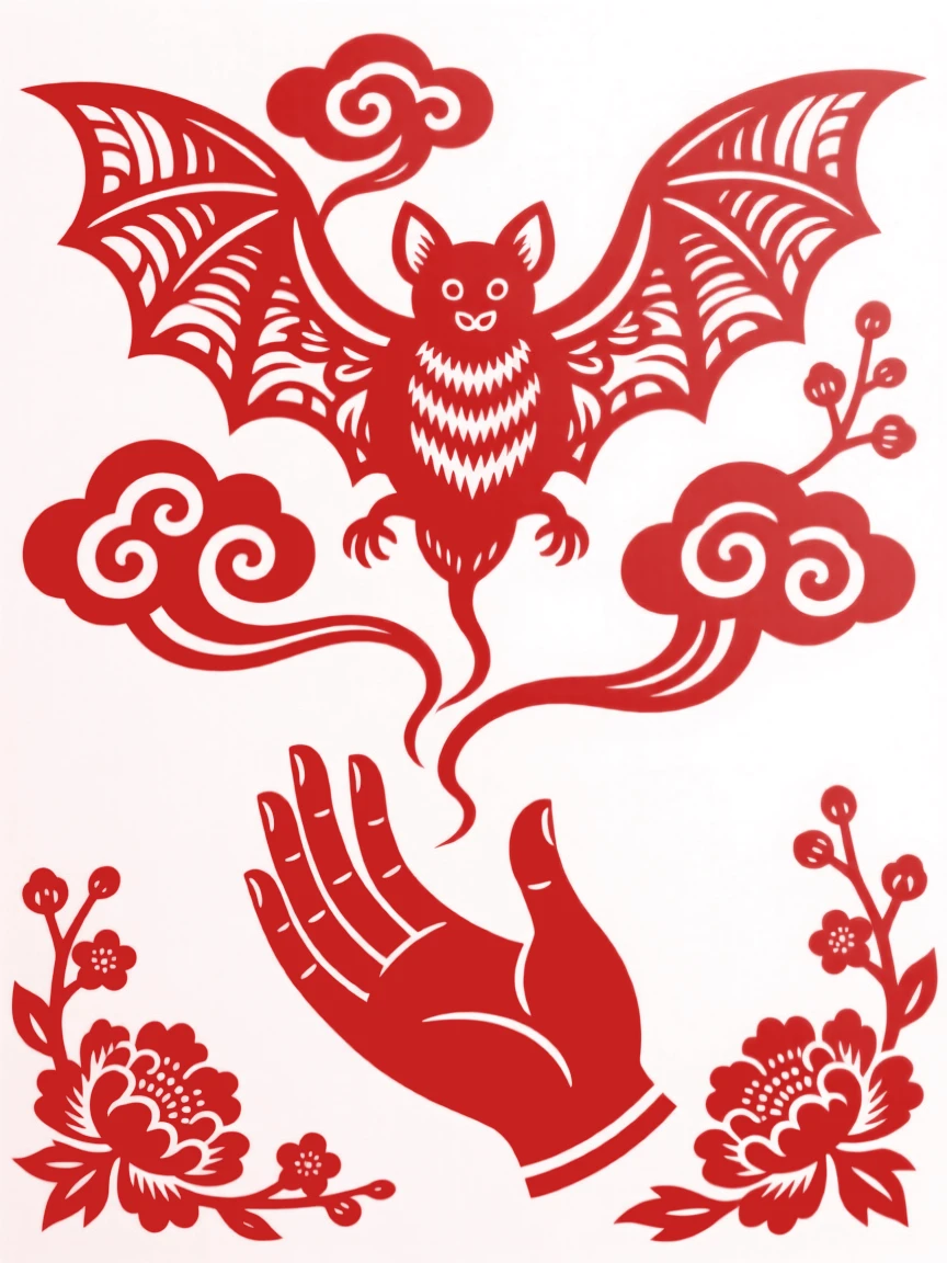 A stylized bat descending from clouds toward an open hand, symbolizing blessings arriving from above