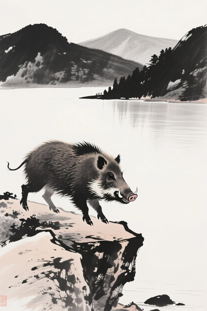 A wild boar moving cautiously along a rocky ridge beside a tranquil mountain lake, framed low to the ground for an intimate, close perspective, conveying quiet strength and natural grace.
