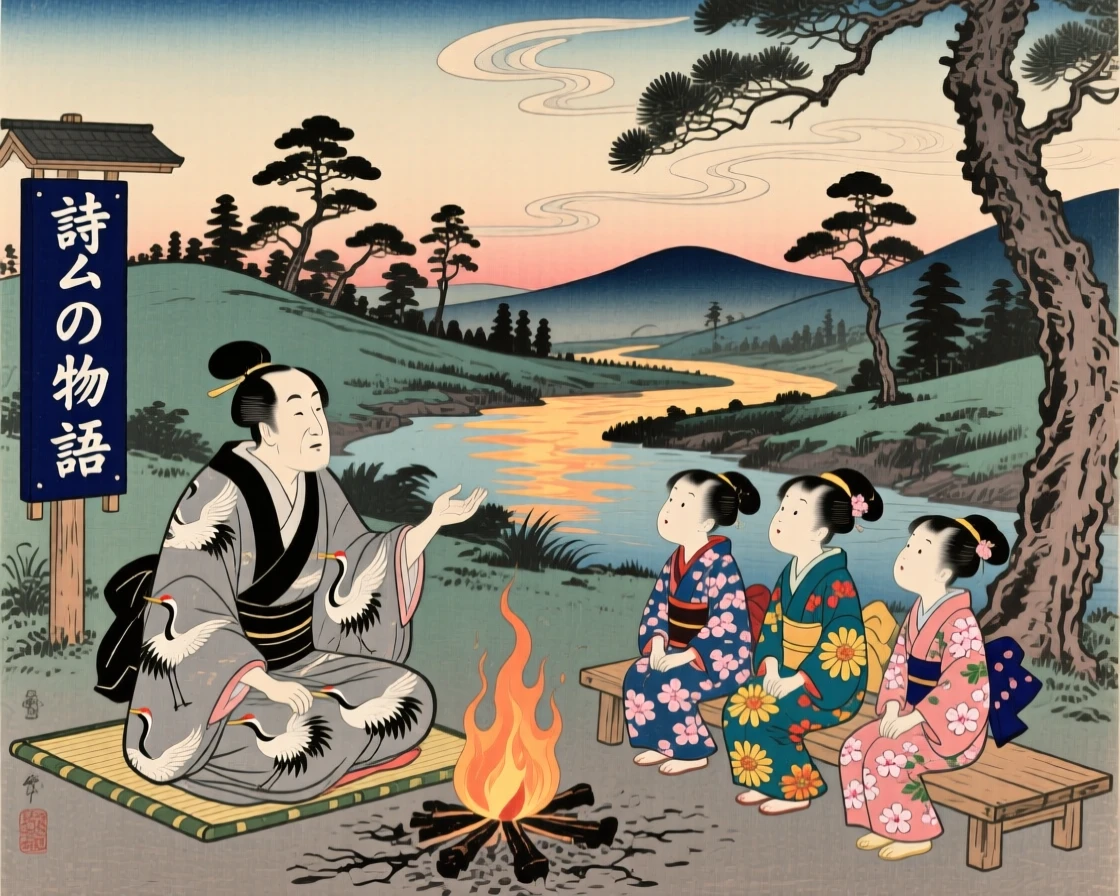 A poet sharing a story with children by a fire.