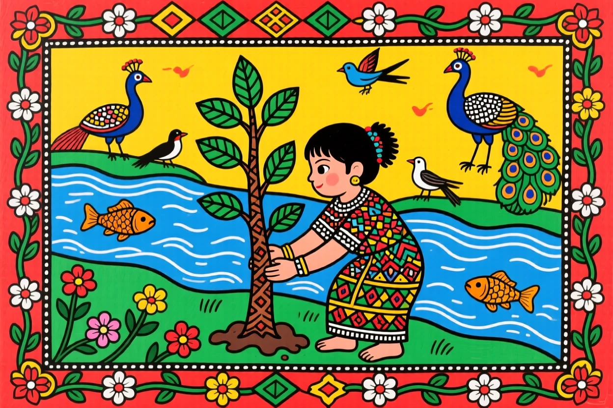 A child planting a sapling beside a quiet riverbank.