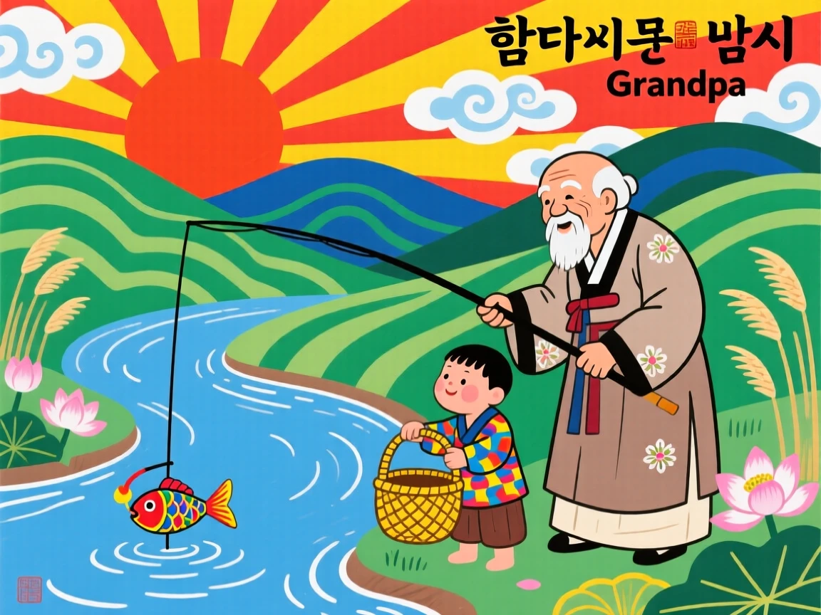 An old man teaching his grandson to fish, at sunset over rolling hills.