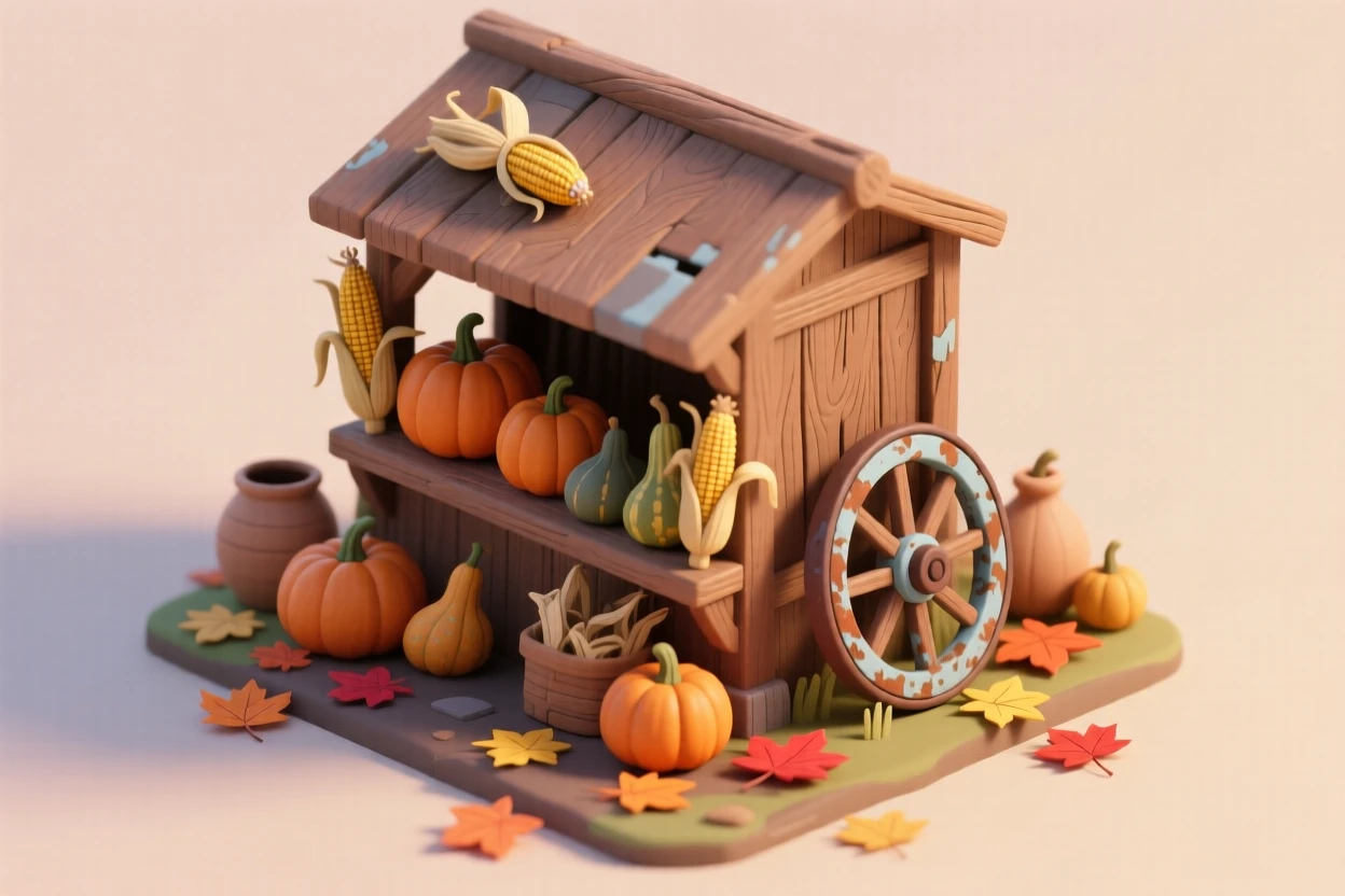 A rustic farm stand selling pumpkins, gourds, and corn stalks, a wagon wheel leaning against the display, and autumn leaves scattered about.