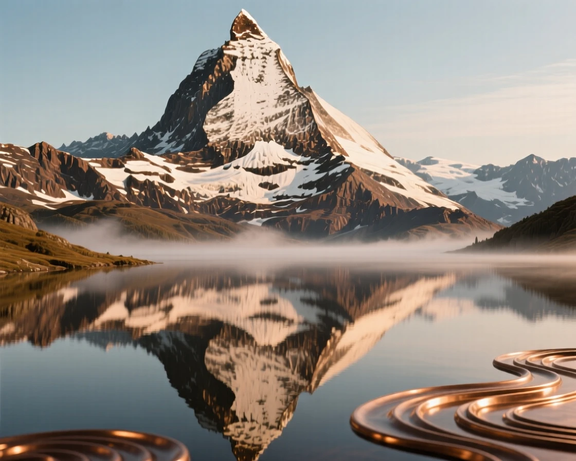 A snow-capped mountain reflected in a still alpine lake, with soft mist adding a dreamlike quality, offering a breathtaking sense of place