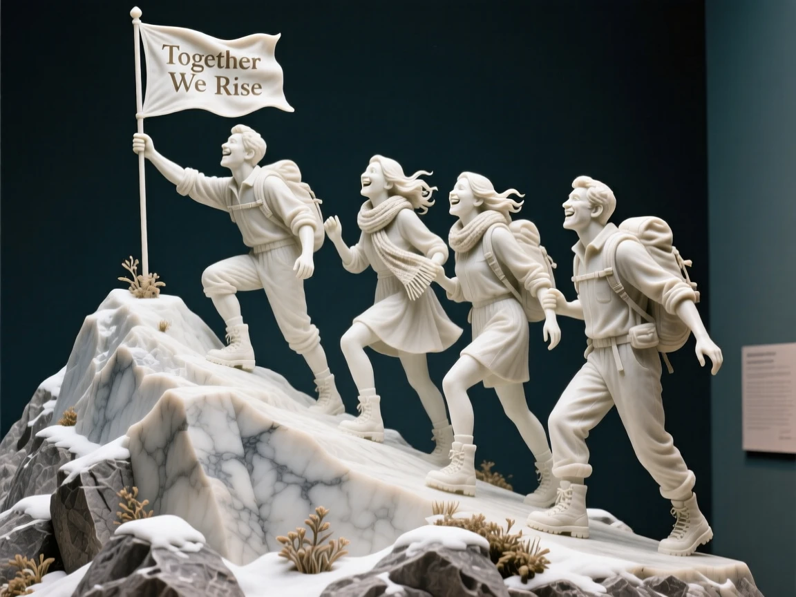 A joyful scene of a group of friends hiking to a mountain summit, capturing warmth, togetherness, and belonging