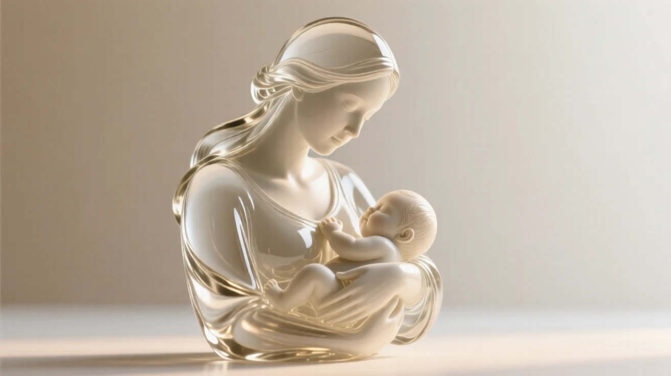 A mother cradling her newborn child, softly lit by warm natural light, shallow depth of field isolating the subject, expression full of genuine emotion.