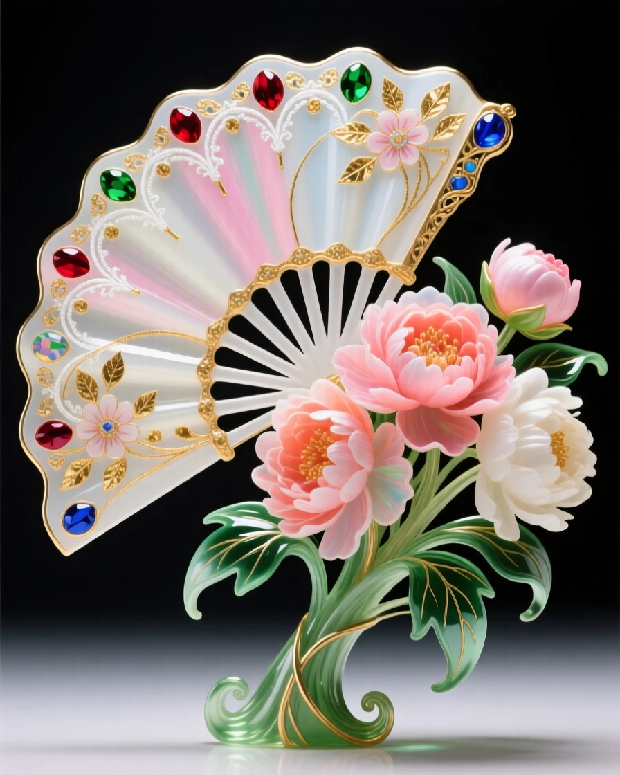 An ornate fan spread open beside a bouquet of peonies, elegant and delicate.