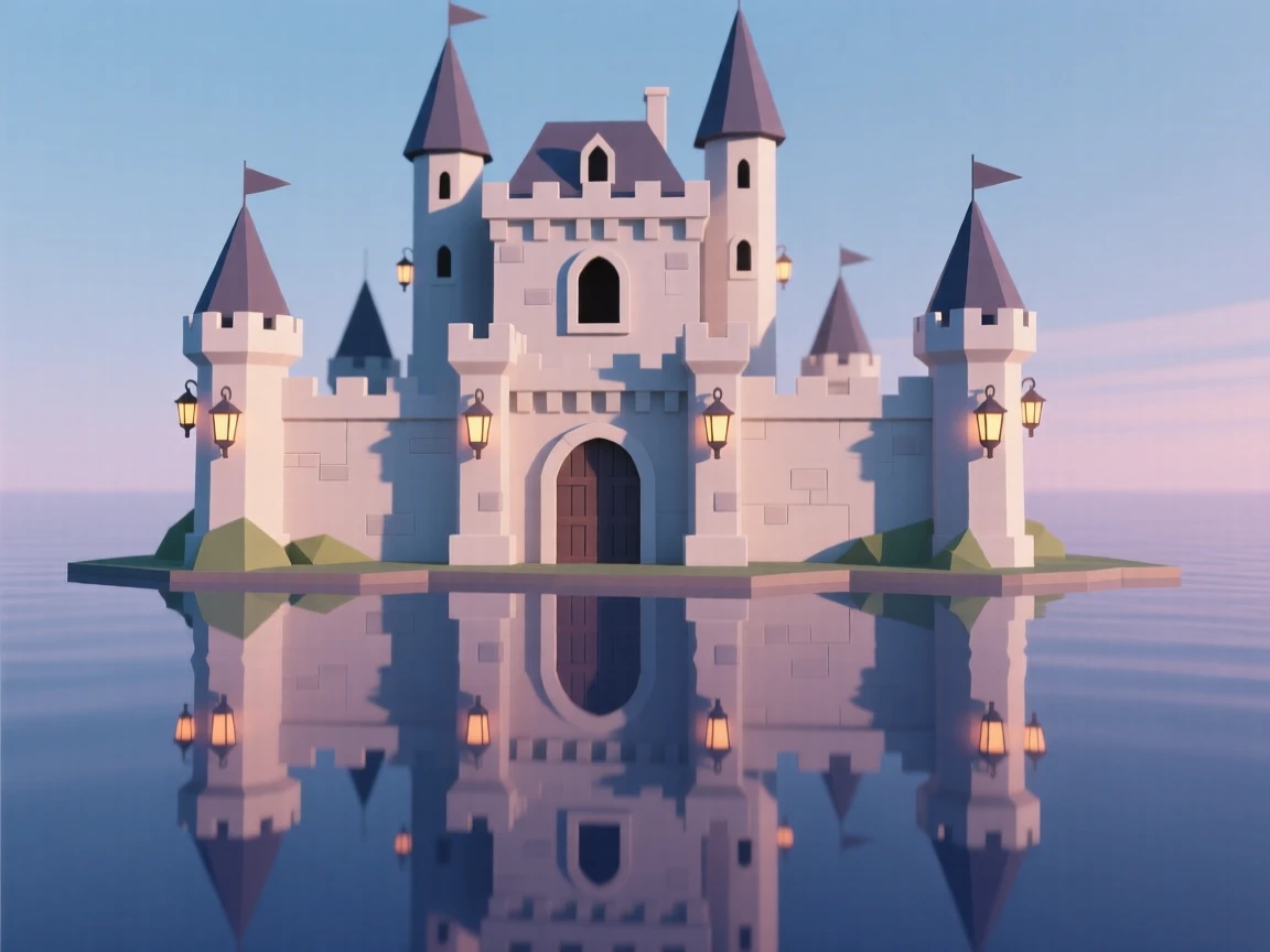 A castle silhouetted against a dramatic sunset, as lantern light flickers to life at dusk. soft reflections in water double the architectural detail. The mood feels romantic and picturesque.