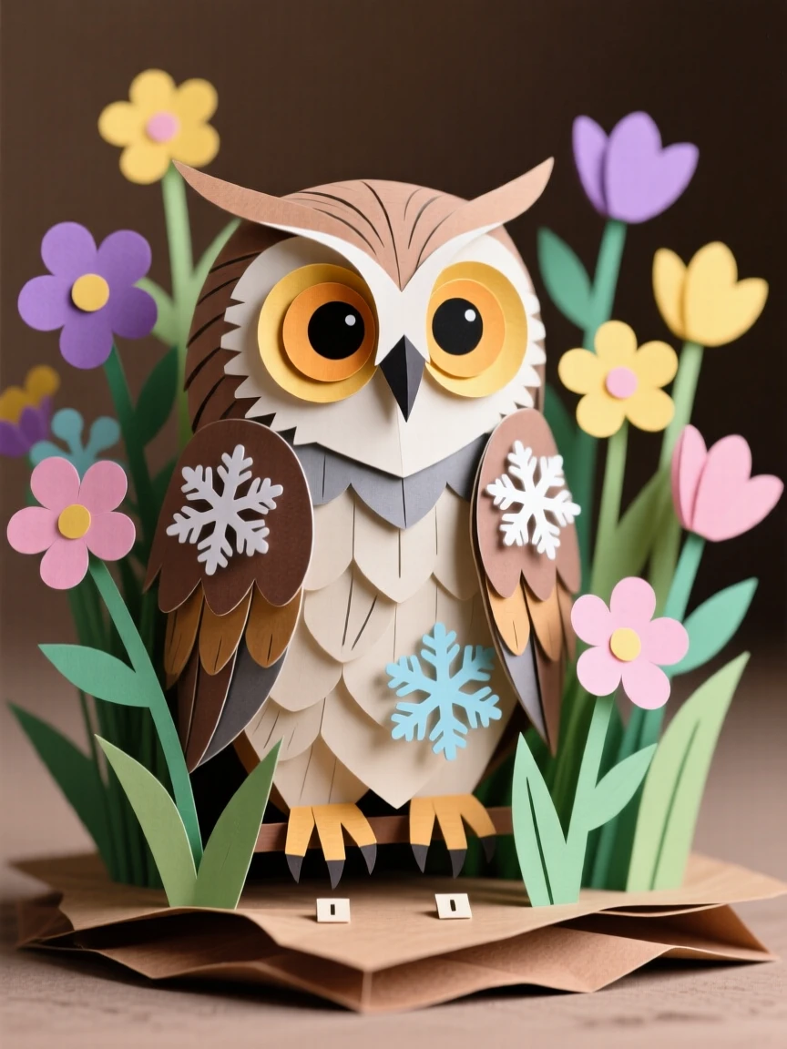 A wise old owl nestled among blooming wildflowers, with fresh snowflakes settling on its coat, evoking tenderness and family bonds.
