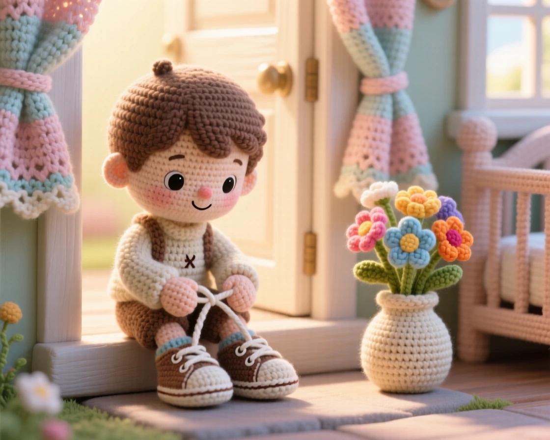 A tender everyday moment: a small boy tying his shoelaces with a look of quiet concentration, sitting on a doorstep in the morning sun inside a soft-lit nursery with gentle curtains; a small vase of fresh garden flowers completes the scene, full of gentle contentment in a small daily ritual.