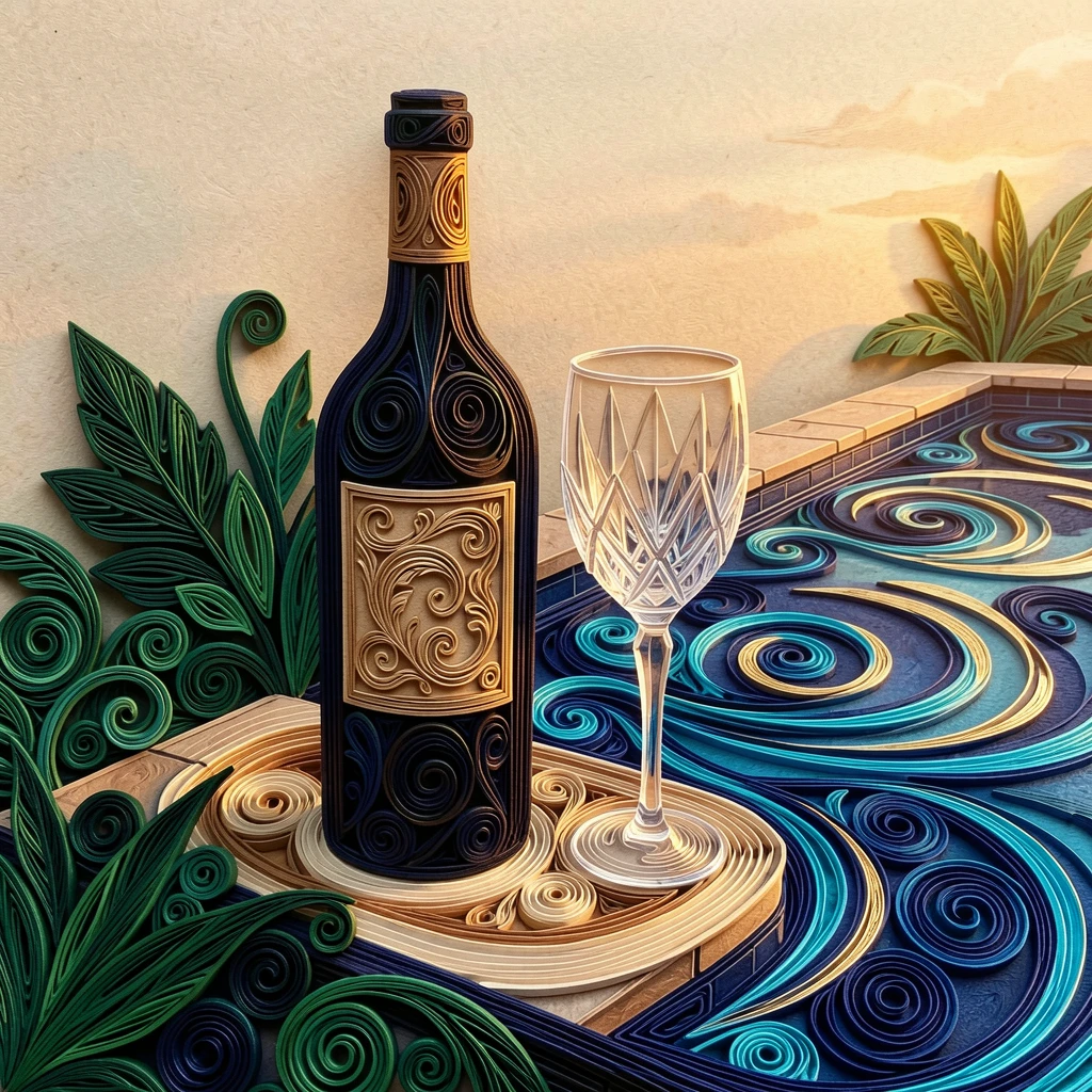 A sophisticated luxury scene of a bottle of vintage wine beside a crystal glass beside an infinity pool at golden hour, in deep jewel tones of emerald and sapphire, framed with rich, deep shadows for contrast.