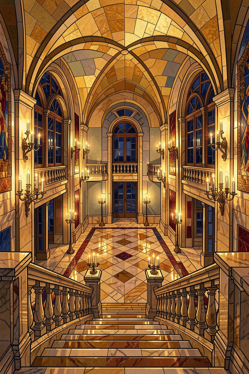 The grand halls of a candlelit european palace, viewed from a dramatic elevated vantage point.