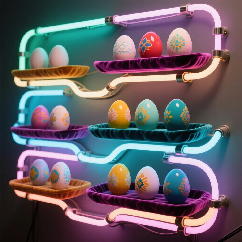 A display of hand-painted eggs arranged by color on velvet trays.