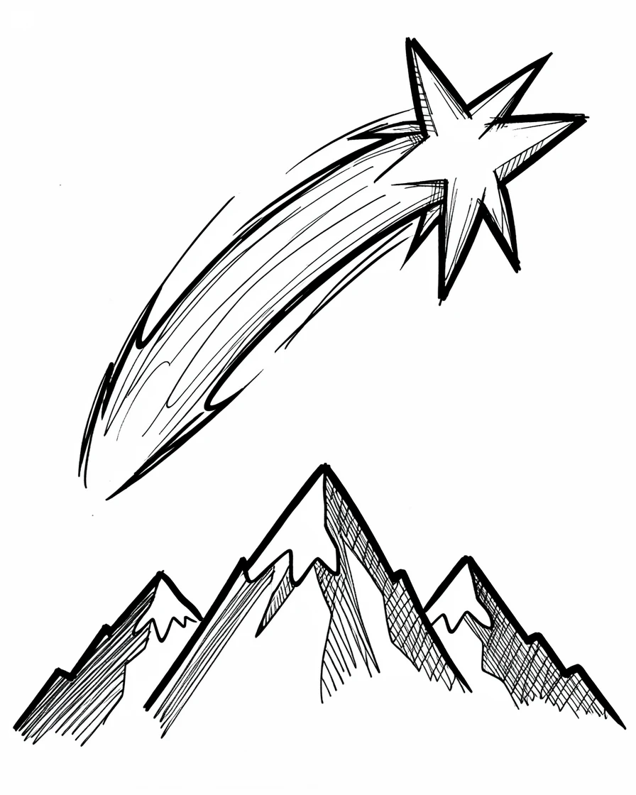 A shooting star over a mountain silhouette above a snowy mountain at night.