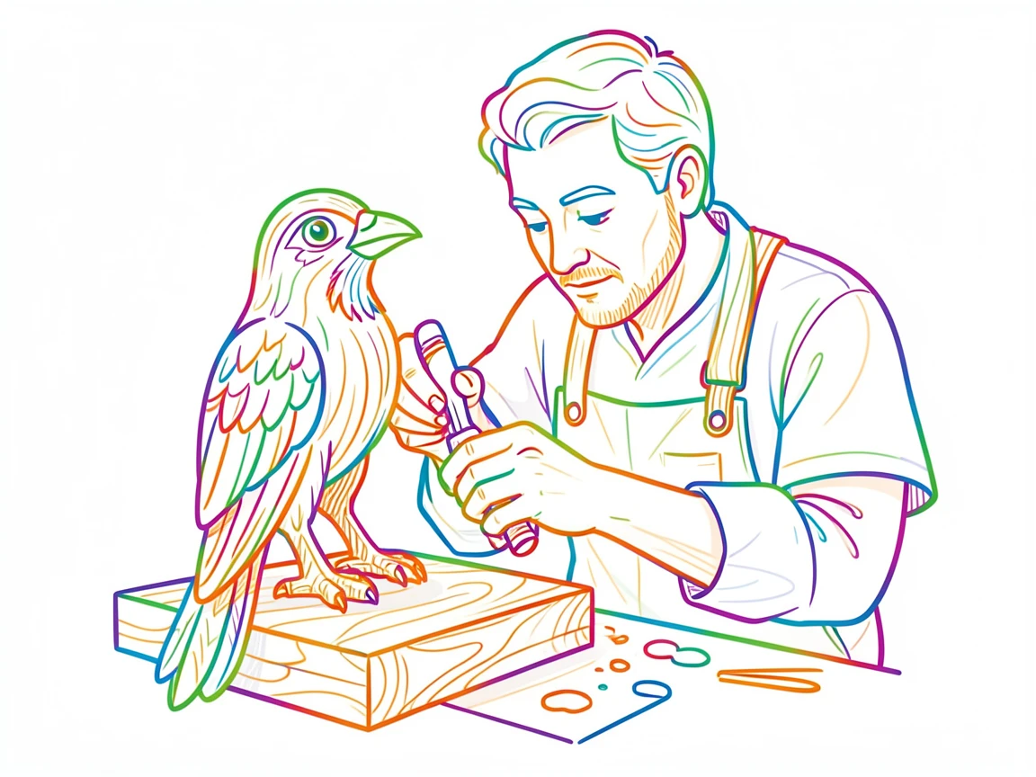 A woodworker carving intricate details into a wooden bird sculpture.