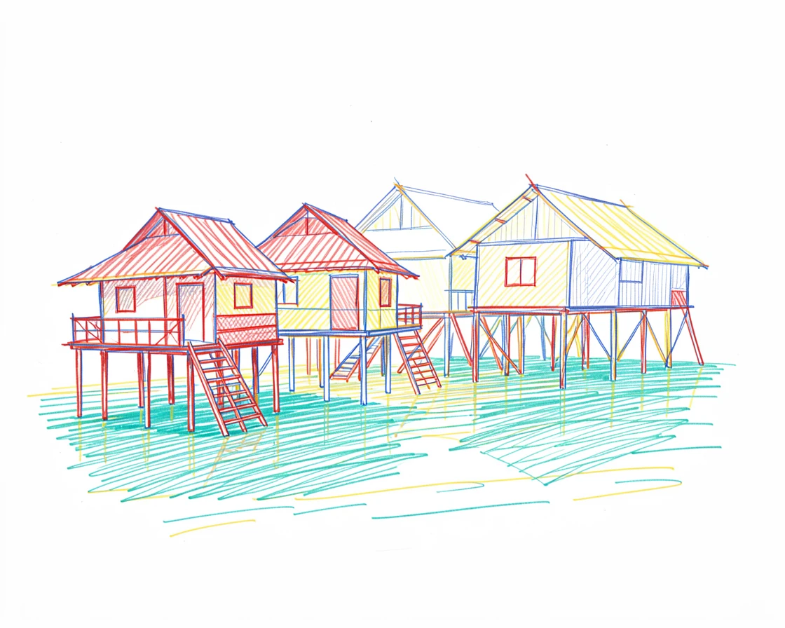 A traditional stilt village built above calm turquoise water