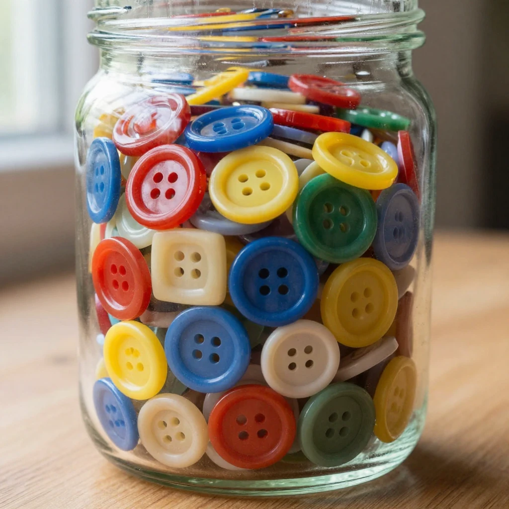 A jar of colorful buttons sorted by size and color