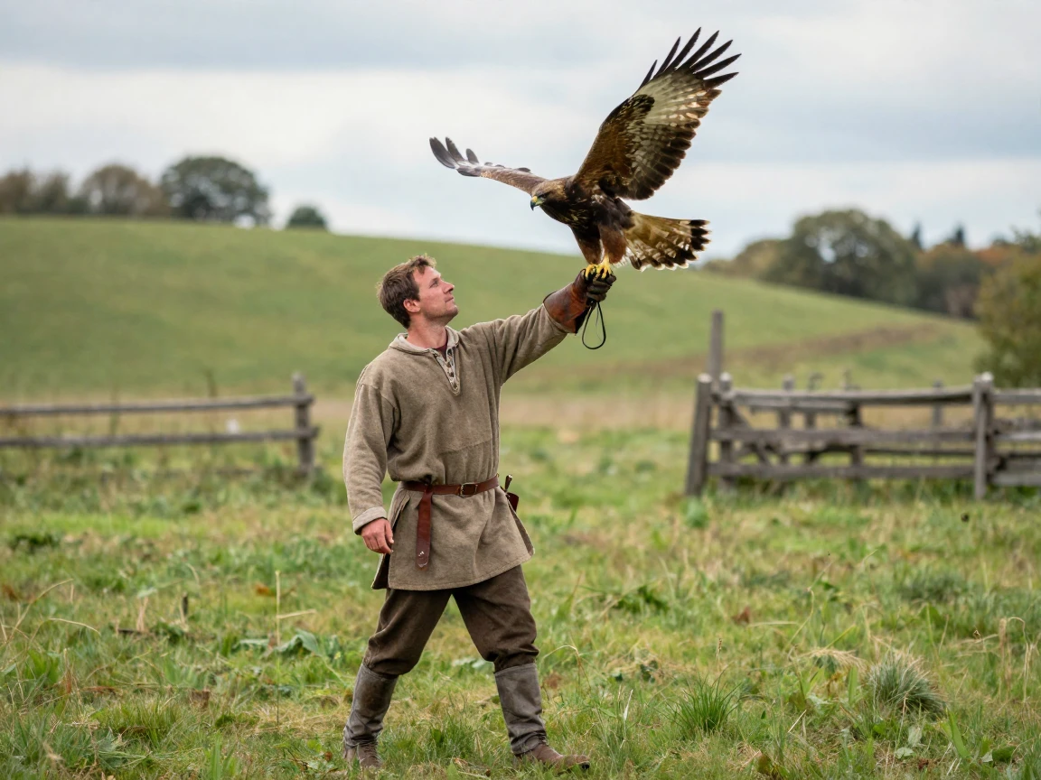A medieval falconer releases a hawk from his gloved wrist over an open field.