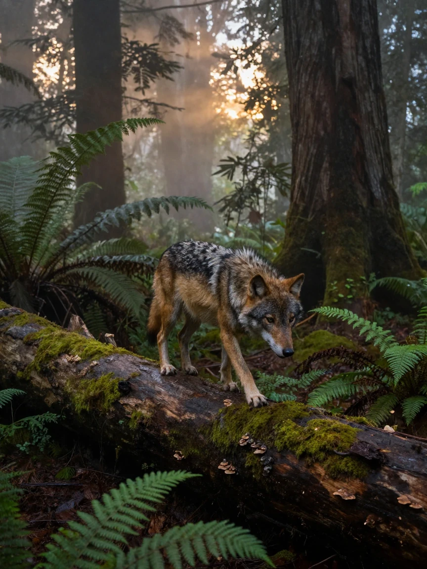 A lone timber wolf exploring a fallen log with curiosity deep within a misty rainforest as the day slowly fades