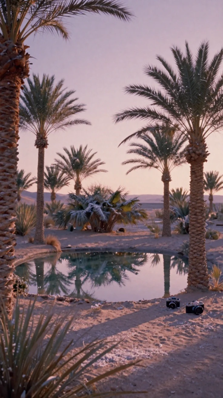 A desert oasis with palm trees surrounding a small pool of water, under soft golden-hour light, with a soft breeze stirring the air, under the first snow of winter, in dusty lavender and rose tones, peering through foliage in the foreground.