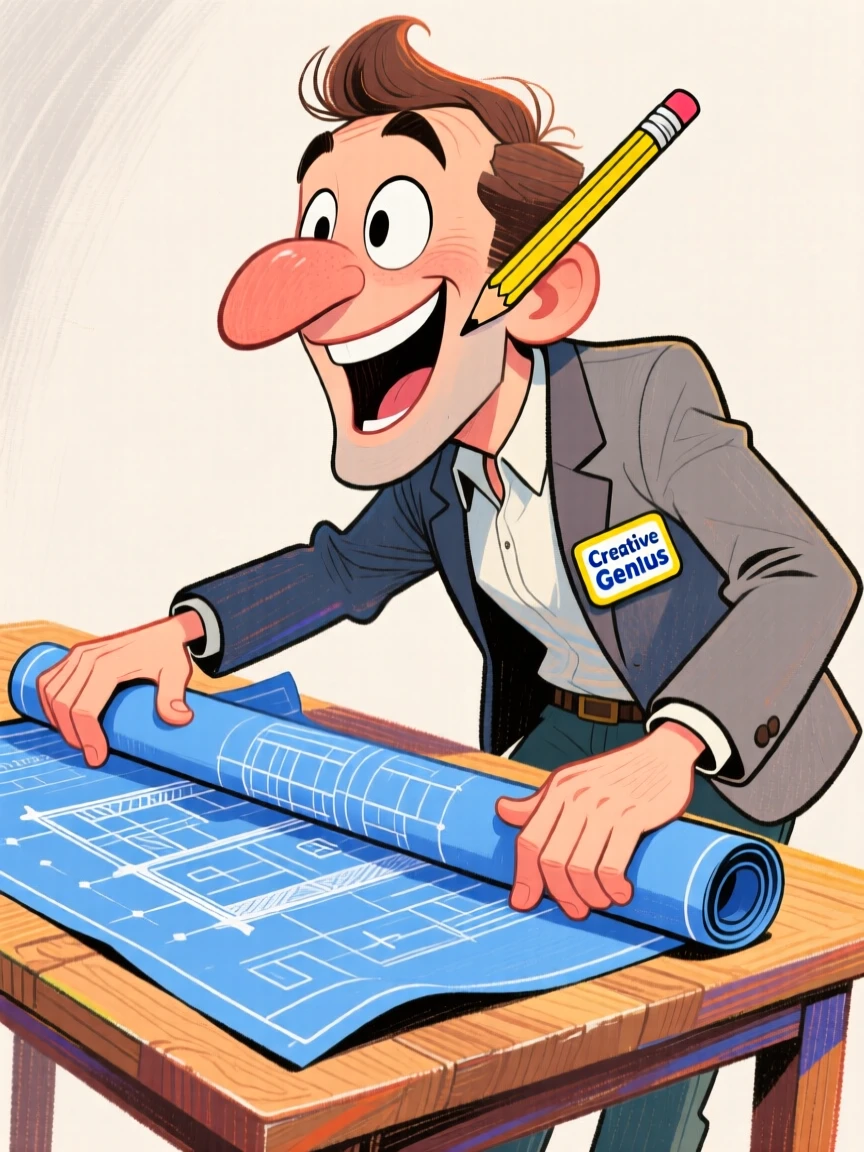 An architect unrolling blueprints across a table, pencil tucked behind one ear.