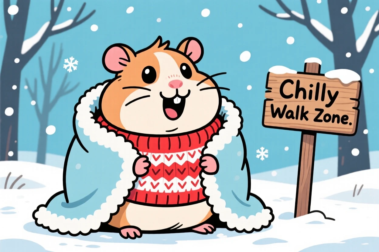 A playful pet moment featuring a chubby guinea pig wearing a tiny knitted sweater on a chilly walk, wrapped in a cozy blanket.