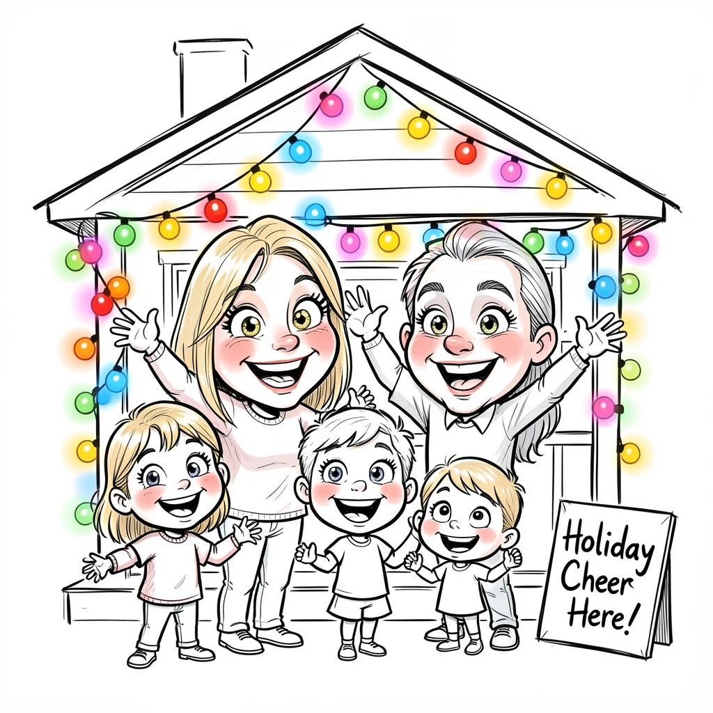 [Seasonal Holidays & Celebrations] Festive scene of a family decorating the house with twinkling holiday lights, full of celebration and joy