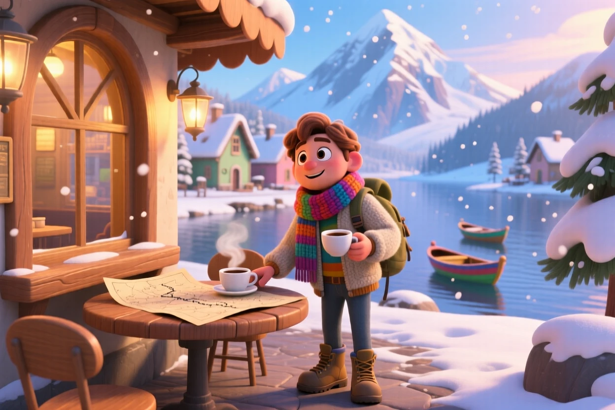 A traveler sipping coffee at a small cafe stands at a mountain village dusted with fresh snow, tracing a path on an old paper map. The mood is adventurous, peaceful, and awe-inspiring, with small boats bobbing in the distance.