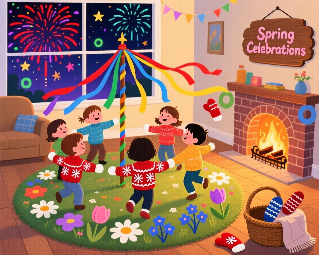 Children in matching mittens spend the evening dancing around a maypole in a flower-filled meadow in a cozy living room by the fire, with fireworks bursting in the sky above.