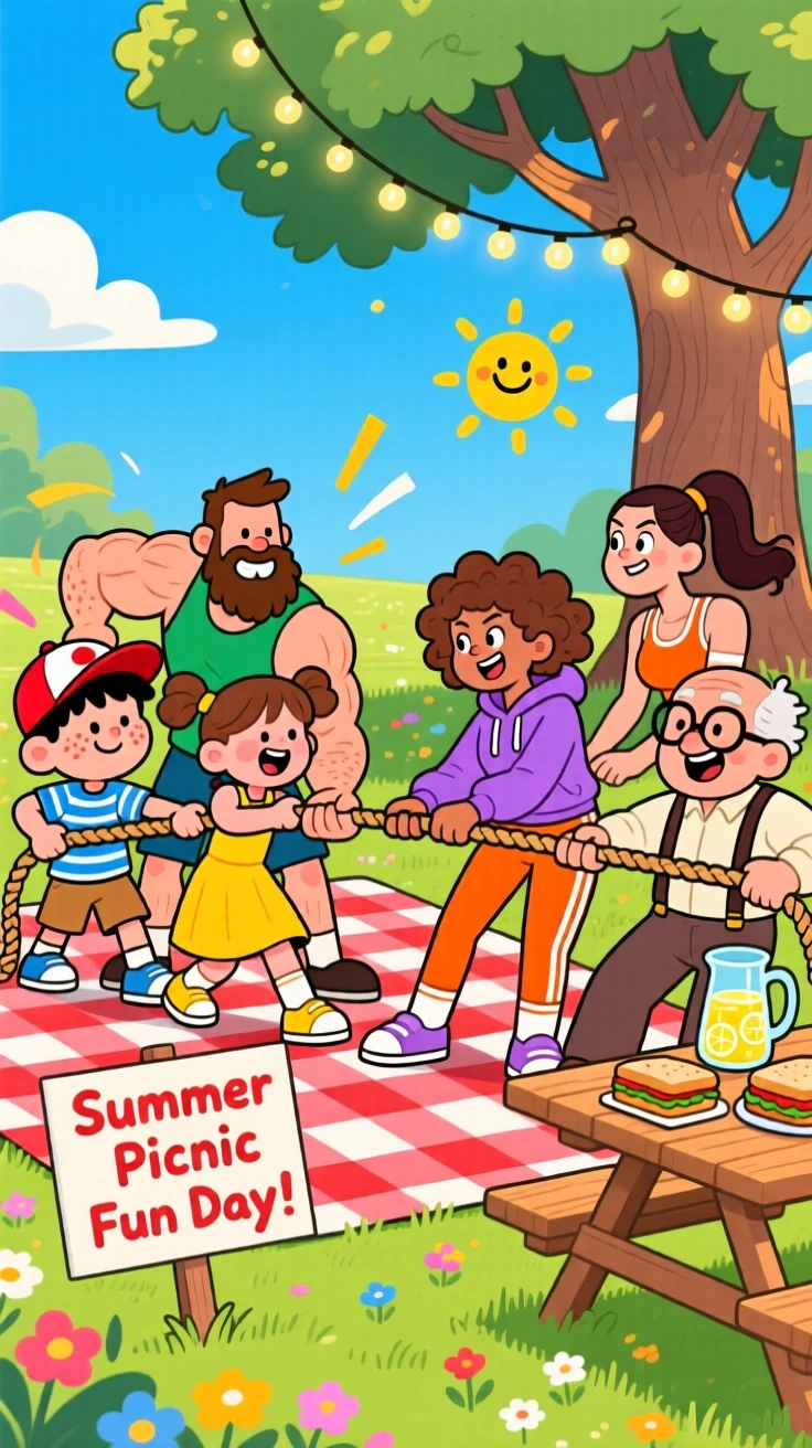 A tug-of-war match between two teams at a summer picnic.