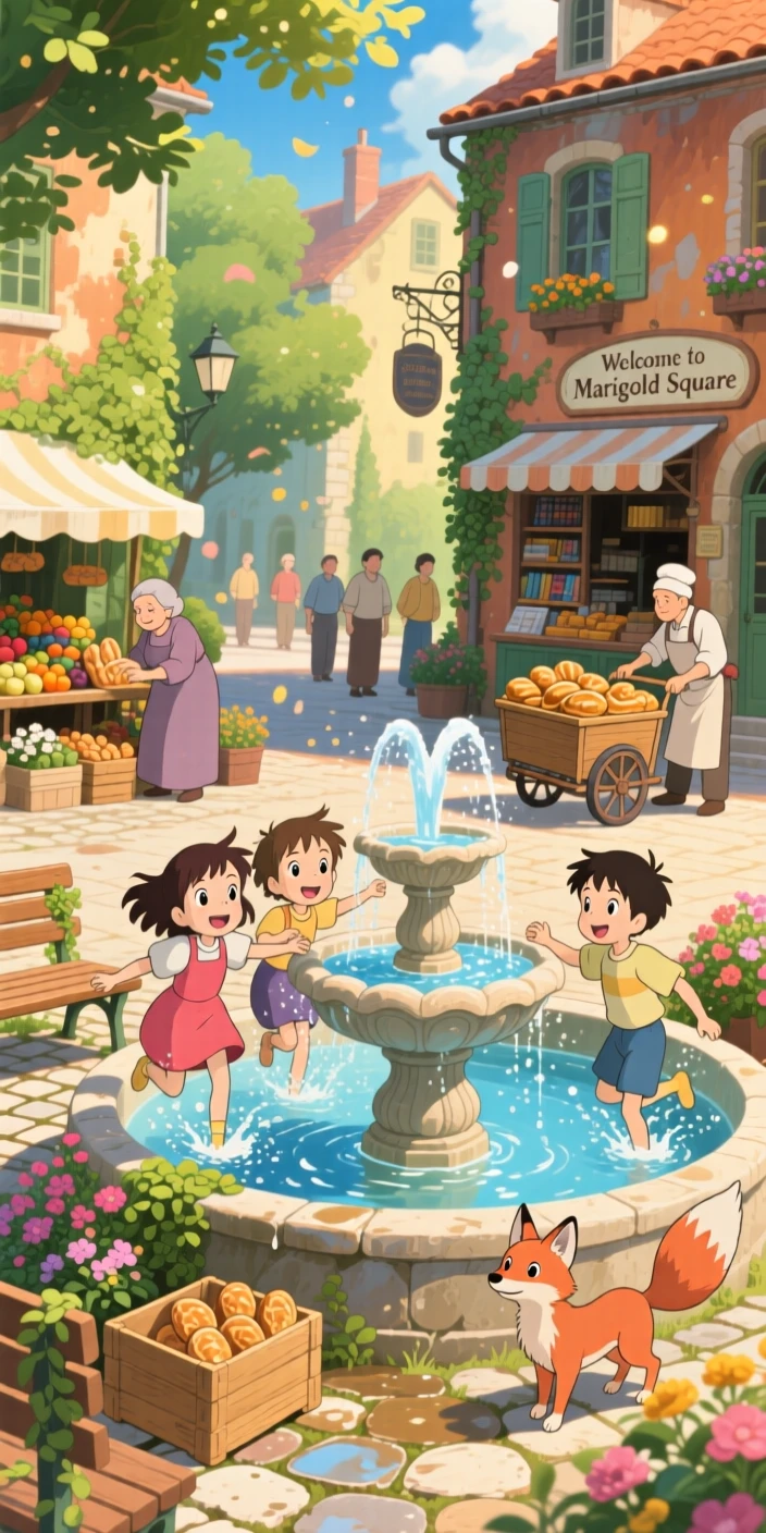 A summer scene of kids splashing in a fountain on a hot afternoon, as townsfolk go about their day.
