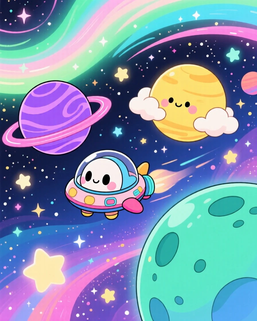 A tiny spaceship zooming playfully between colorful planets in a vibrant galaxy backdrop beneath swirling aurora-lit skies; sparkling starlight washes over the scene as sleepy relaxation fills the moment. Bird's-eye view.