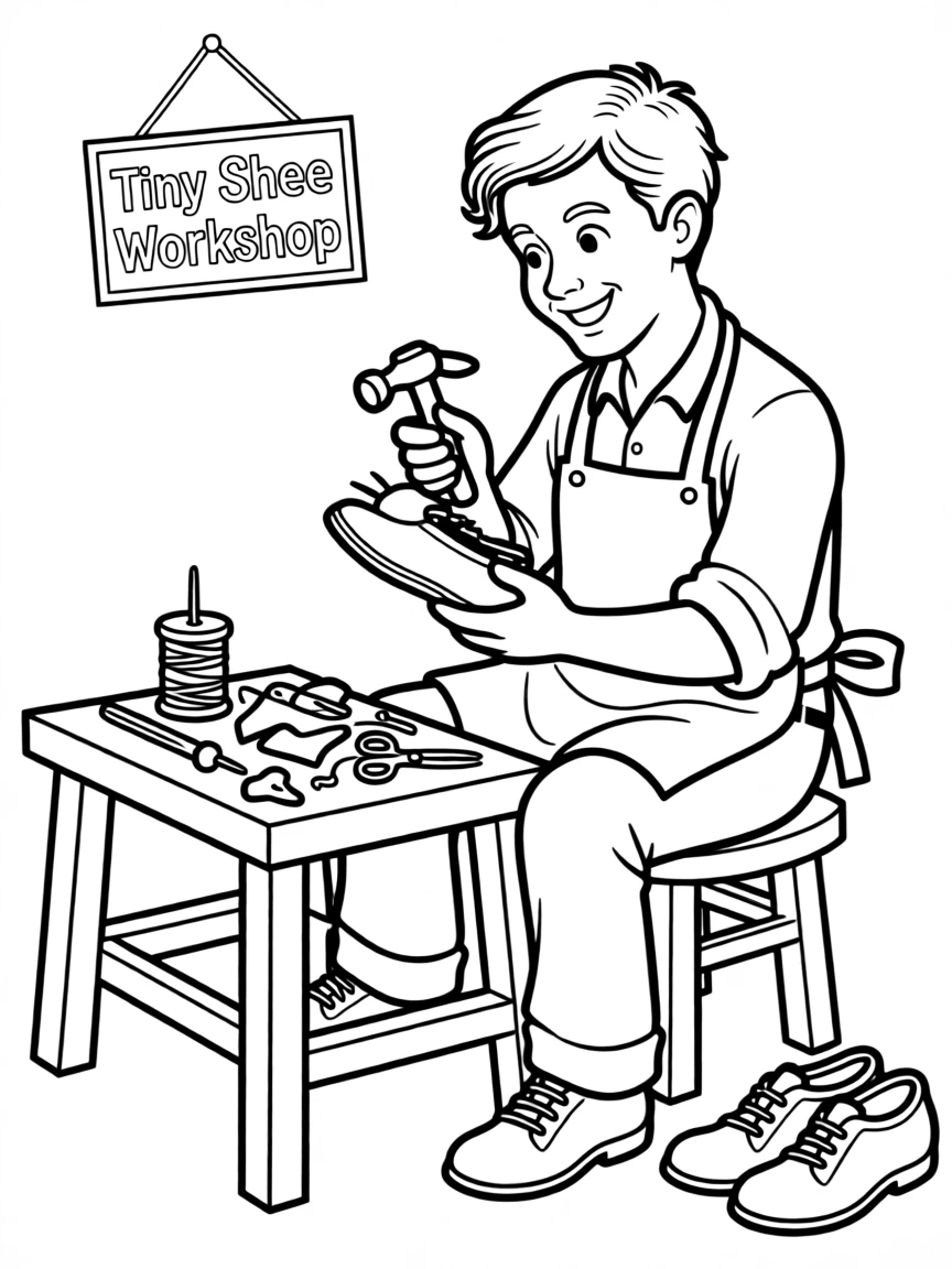 A shoemaker crafting a pair of tiny leather shoes