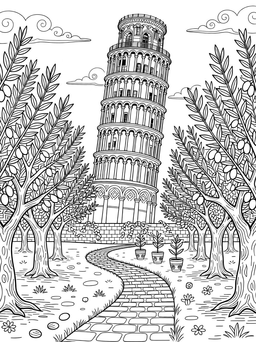 A famous leaning tower framed by an olive grove.