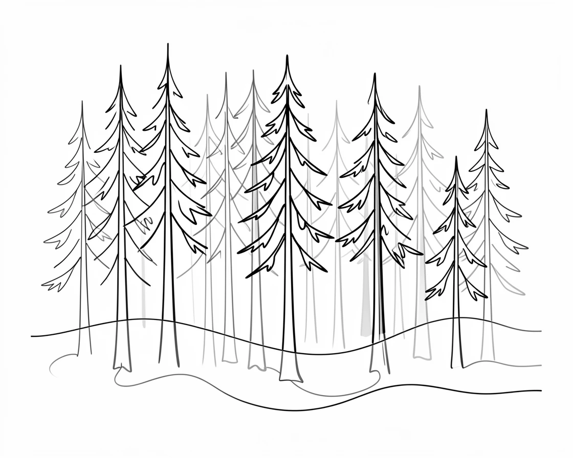 A dense pine forest shrouded in early morning fog
