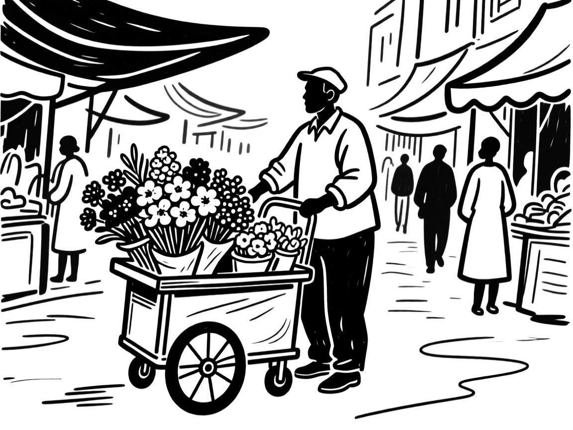 A street vendor selling flowers from a colorful cart in a busy market.