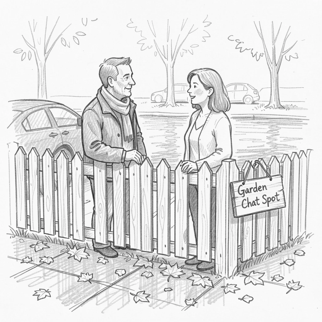 A warm everyday moment: neighbors chatting over a garden fence on a rain-slicked city street, with autumn leaves scattered underfoot.