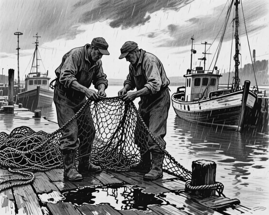Fishermen mending their nets at a small harbor, as gentle rain patters down around them.