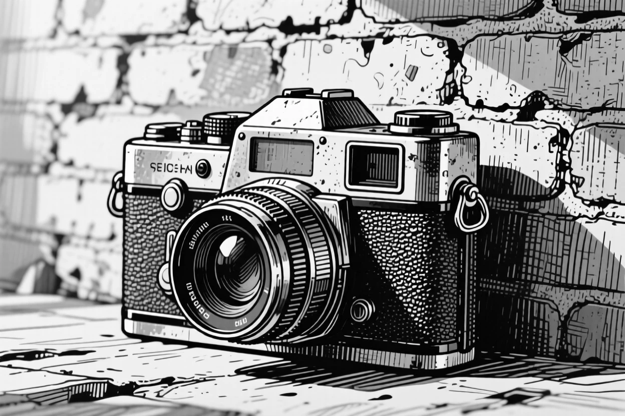 A classic film camera set against a weathered brick wall, with soft natural light falling across its surface, forming a cozy and intimate still-life study.