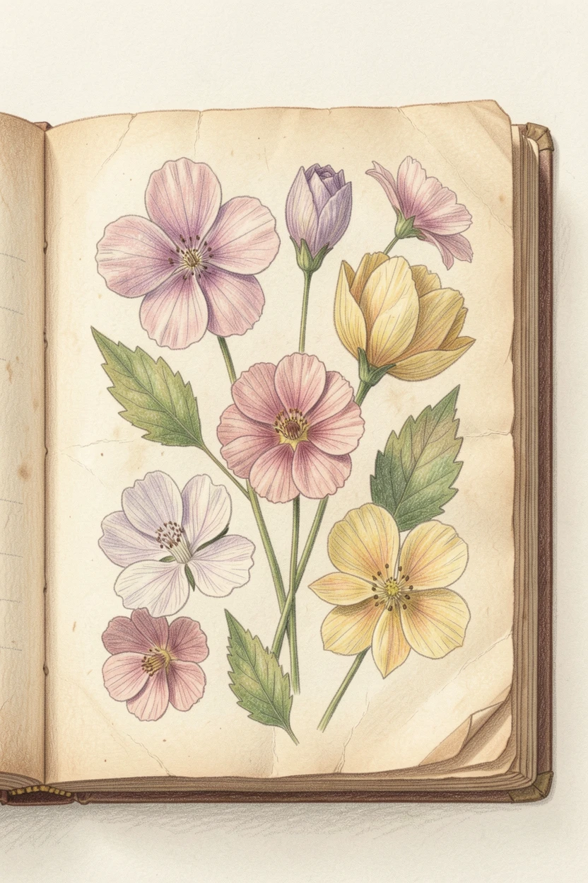 A collection of pressed flowers arranged in an old book, captured with careful, elegant composition, evoking nostalgia, charm, and quiet elegance.