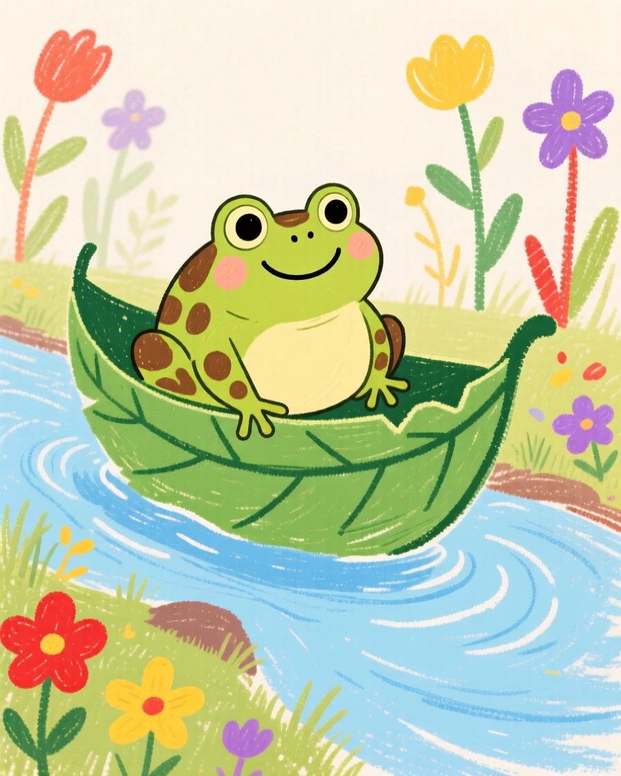 A small toad riding a leaf boat down a garden stream.