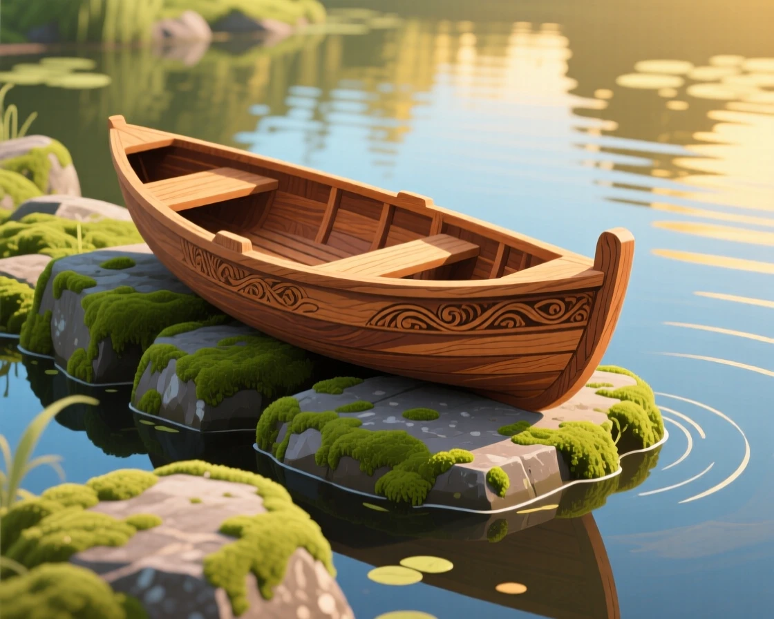 A hand-carved wooden boat floating in a calm pond, placed on a mossy stone ledge outdoors, shown from a slightly elevated angle, with soft golden light highlighting fine craftsmanship.