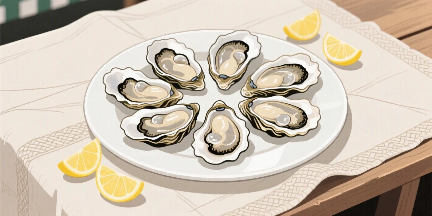 A plate of fresh oysters beautifully displayed on a linen tablecloth at a farmers market.
