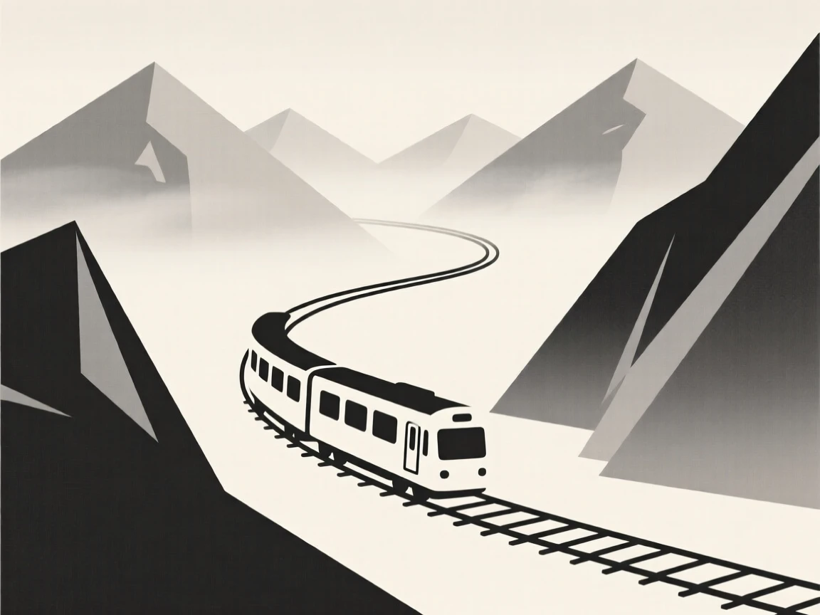 A view of a train winding through mountains at a misty mountain pass, framed by distant mountain peaks, capturing peaceful escape.