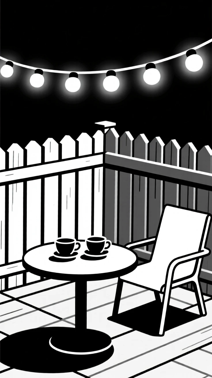 A warm glow from string lights across a backyard patio.