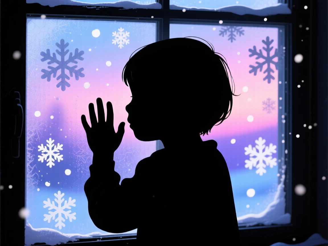 A child pressing their face to a frosted window, watching snow fall outside.