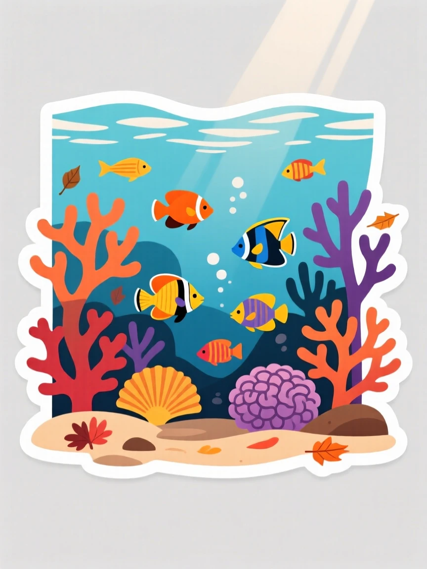 A calm and quiet coral reef teeming with colorful fish, illuminated by warm afternoon sunlight, as the seasons begin to change.